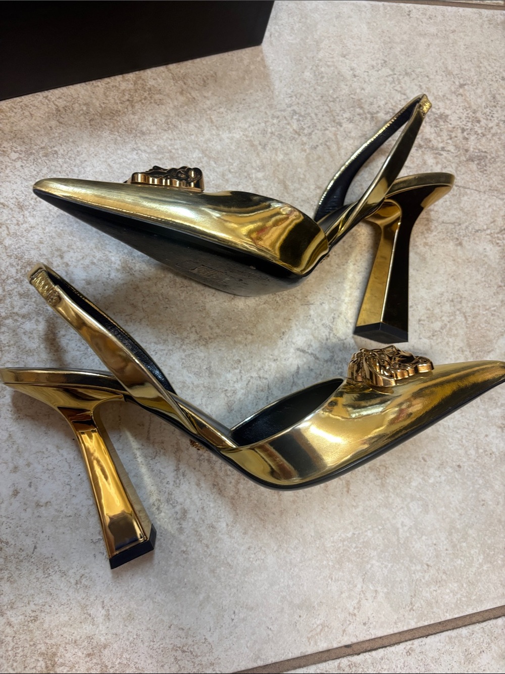 Versace Metallic Gold Medusa Pointed Slingback Heels - Picture 2 of 5
